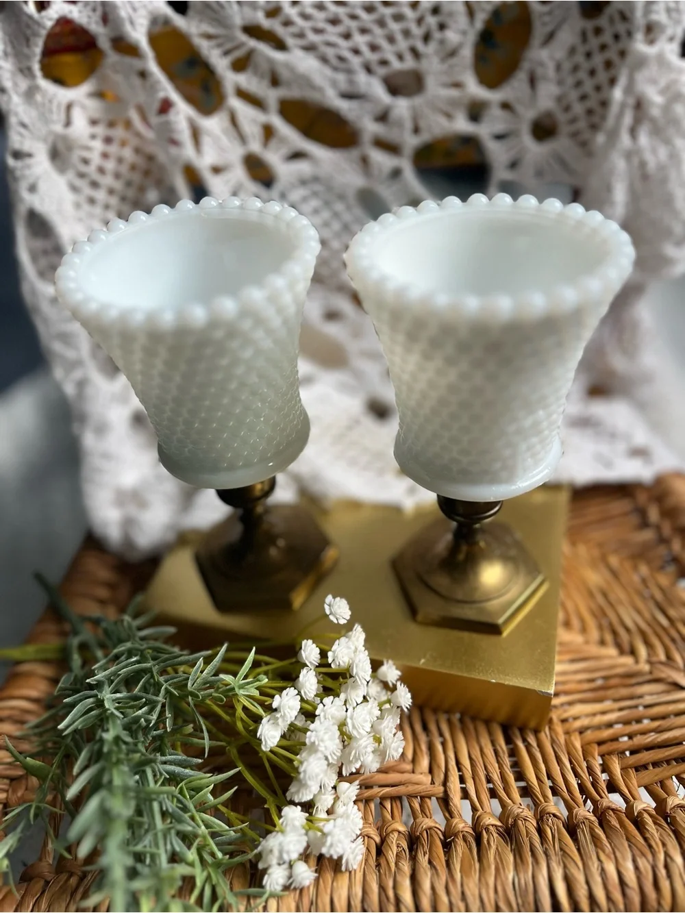 Vitg Ring of Fire Hobnail Milk Glass Peg Votives Paired with Vtg brass holders